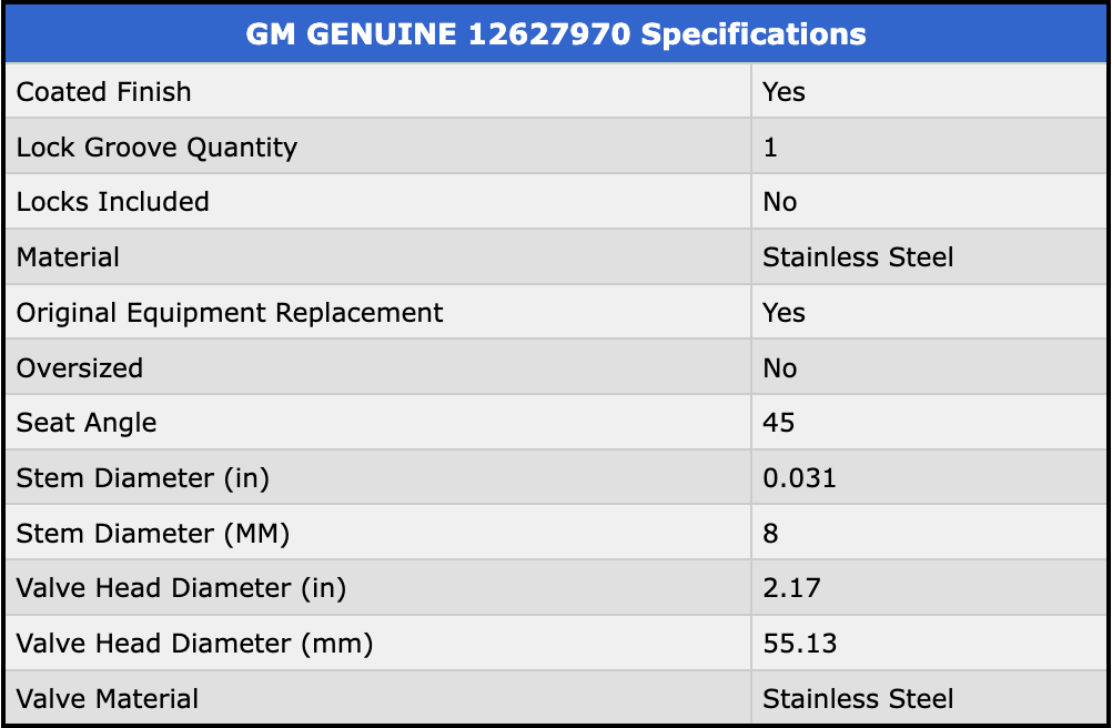 Genuine GM LS 6L Inlet Valve 12627970 by Fast Industries